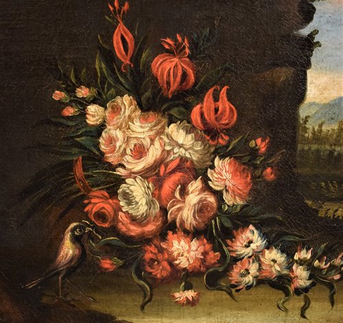 Nature Morte de Fleurs avec Paysage